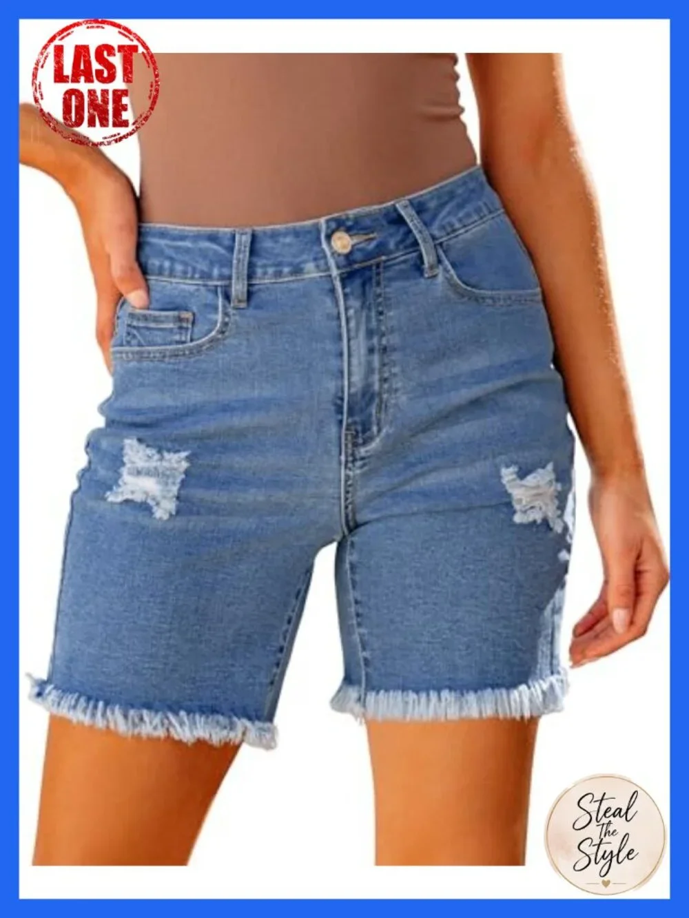 High Waisted Distressed Stretchy Denim Long Shorts Women Casual Ripped Raw Hem